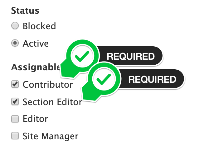 A screenshot of the two required roles selected: contributor and section editor