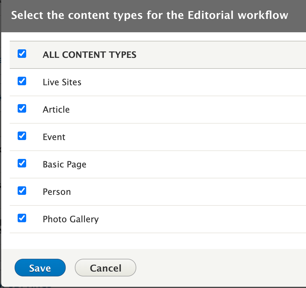 Screenshot of the dialog box listing all the available content types you can select in order to assign a specific workflow.
