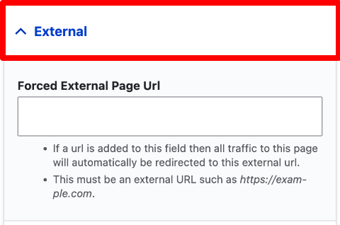 The External label expanded showing the field provided where you can enter a full URL to trigger a redirect.