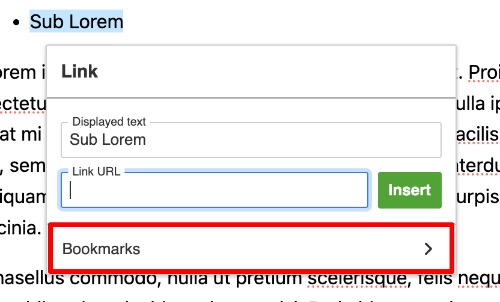 Link dialog box showing 'Sub Lorem', URL field, green Insert button; 'Bookmarks' circled in red.
