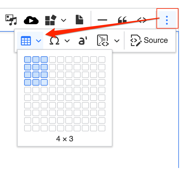Insert Table icon opens a table size selector
