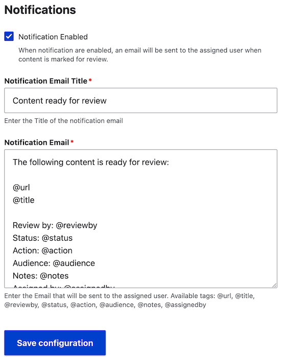 A screenshot of the content audit email notification configuration screen, which allows users to enable the service, set the email title, and configure what's included in the email body.