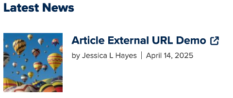 An example of an article teaser using the external forced URL redirect including the external redirect icon.