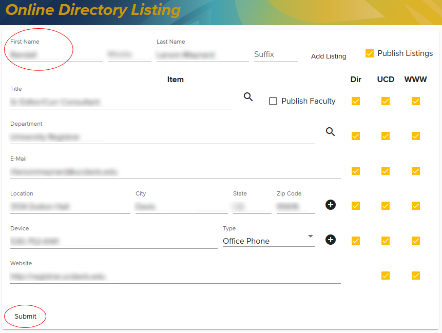 Lived name view is circled on the My Directory Listing page for the campus directory, image from the Registrar's Office page.