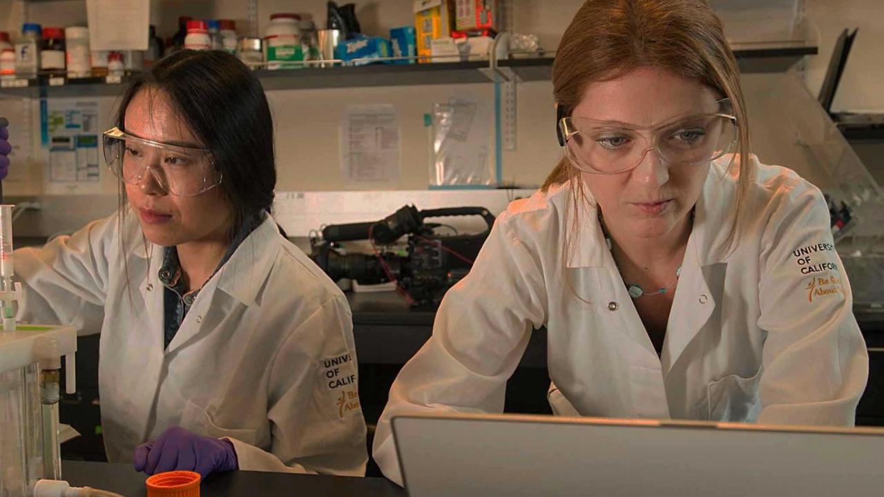 Two women performing science experiments in a lab.
