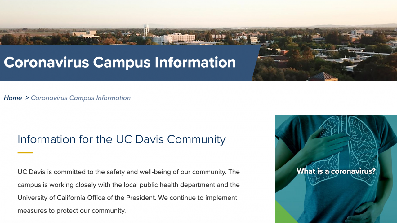 A screenshot of the UC Davis' main site coronavirus information page.