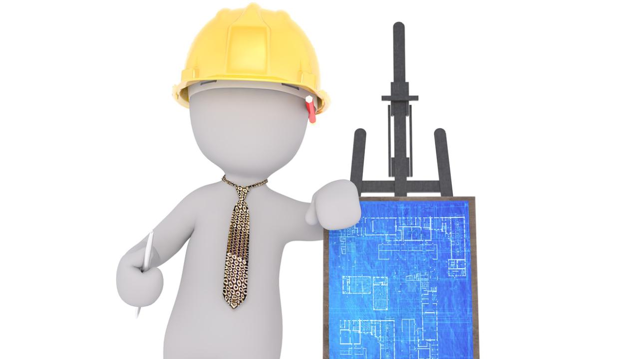 Illustration of a generic figure wearing a hard hat and leaning against an easel displaying architectural blueprints.