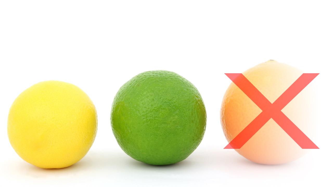 A small lemon, a medium sized lime, and a large orange, with the orange crossed out with an X indicating it is too large.