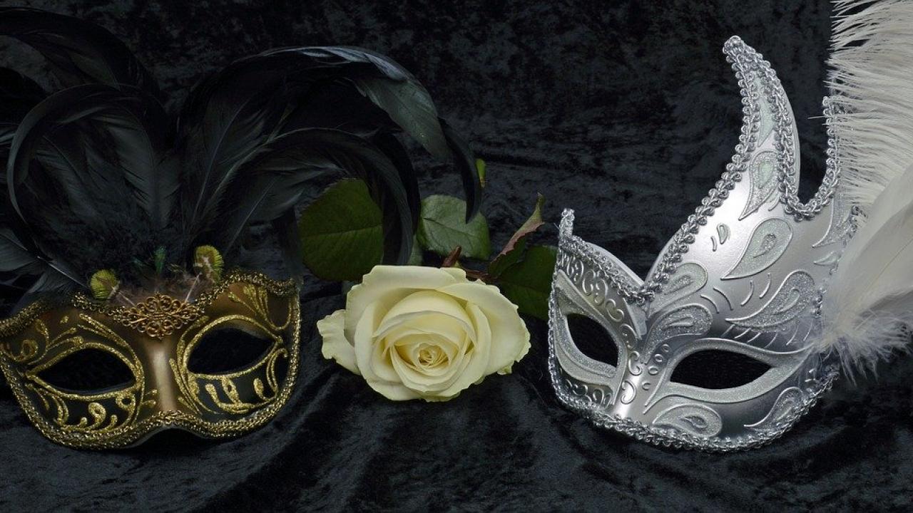 Two elaborate feathered carnival masks sit on black velvet, a white rose between them. Image by annca from Pixabay 