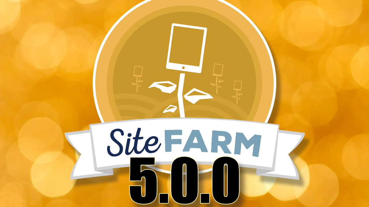 SiteFarm logo with the 5.0.0 version number below it. The background is an abstract golden bokeh style.
