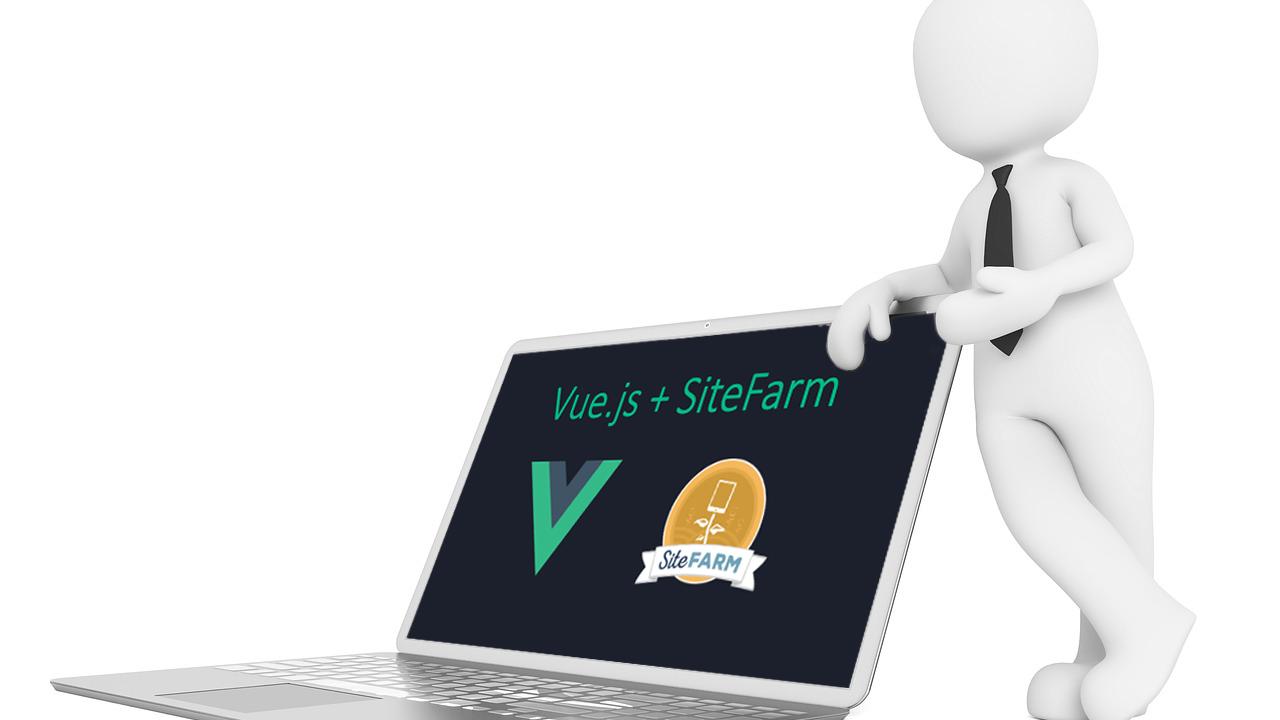A 3D figure wearing a tie leans on a laptop whose screen displays the Vue.js and SiteFarm logos.