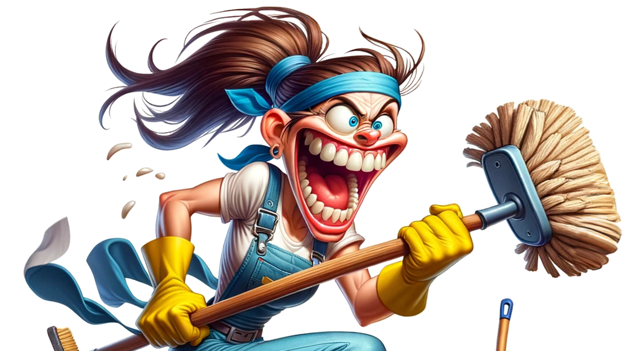 An AI generated image of a woman with a wide maniacal grin, bib-overalls, workboots and rubber gloves running forward while wielding a large broom.