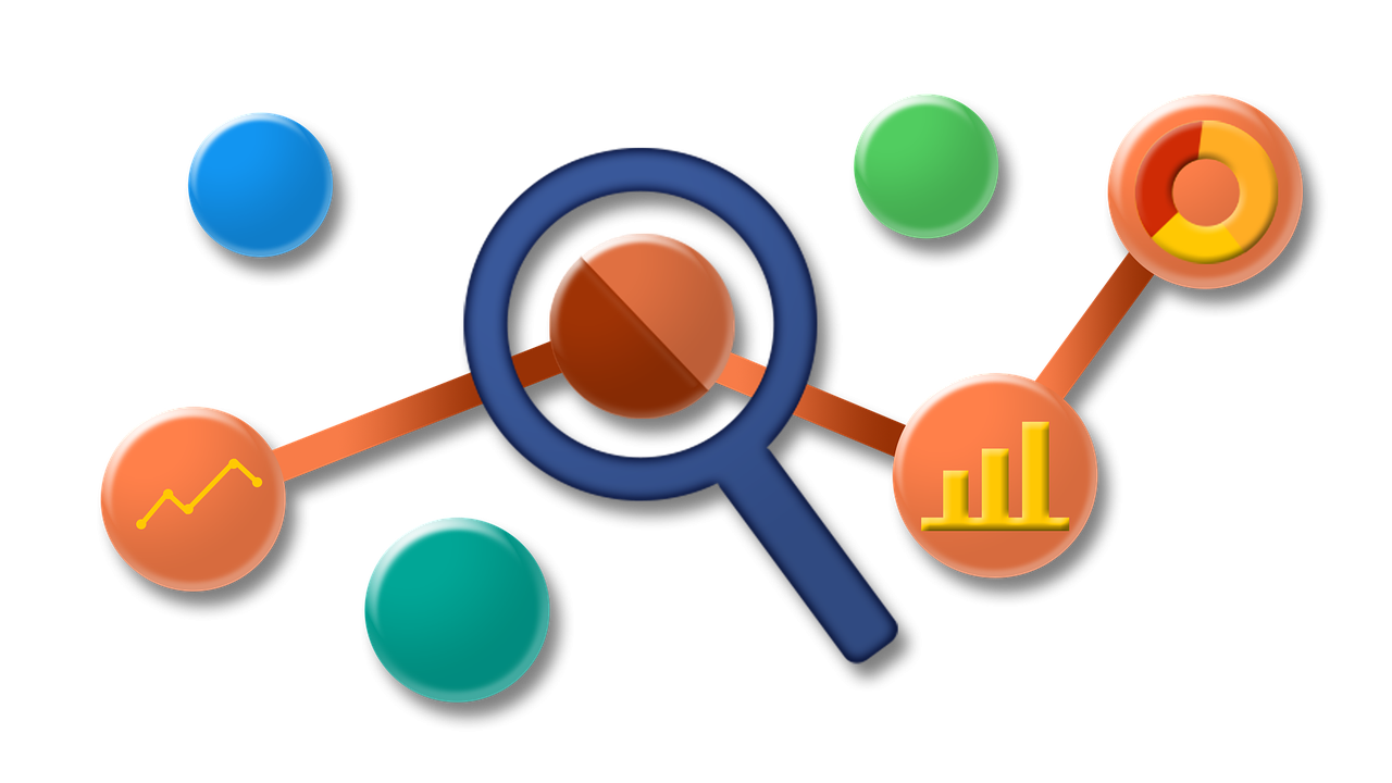 An illustrated collage of circles containing charts and graphs, anchored at the center by a magnifying glass. Image by Kuya Clay from Pixabay.com.