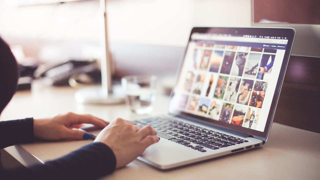 A woman types on a laptop whose screen displays a gallery of images. By Pexels on Pixabay.