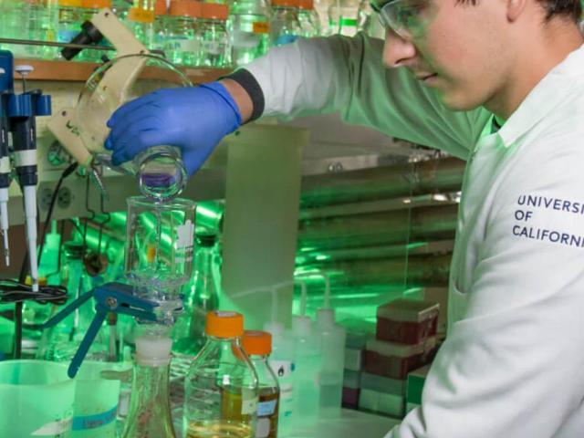 A male student in a white coat and gloves working in a research laboratory.