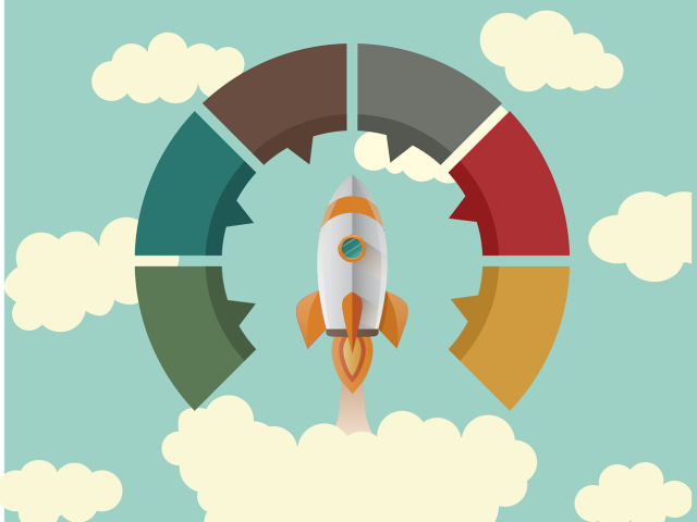 An illustration of a spaceship launching surrounded by colored wedges indicating an infographic.