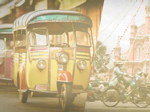 A collage of transportation modes such as motorcycles, buses, and a three-wheeled tuk-tuk.