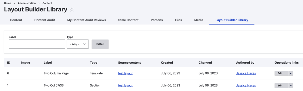 Layout Builder Template Library dashboard