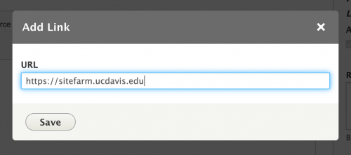 Screenshot of the Add link modal window with an external link to the main SiteFarm site entered as an example.