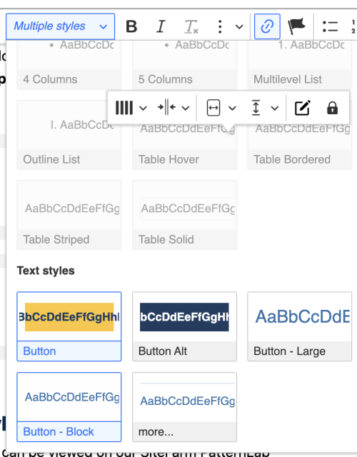 Screenshot of the styles menu with the options available for button styling displayed.
