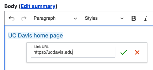Highlight your text, click on the Insert link icon button, then enter the page URL.
