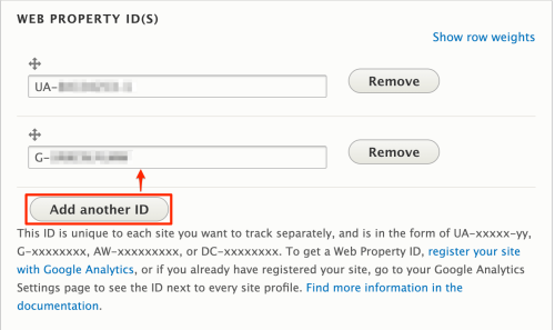 A screenshot of the Google Analytics Property ID screen where users can enter in their ID codes to link their site traffic to their Google Analytics account.