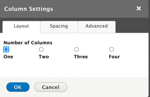 Layout columns widget settings for selecting the number of columns to display.
