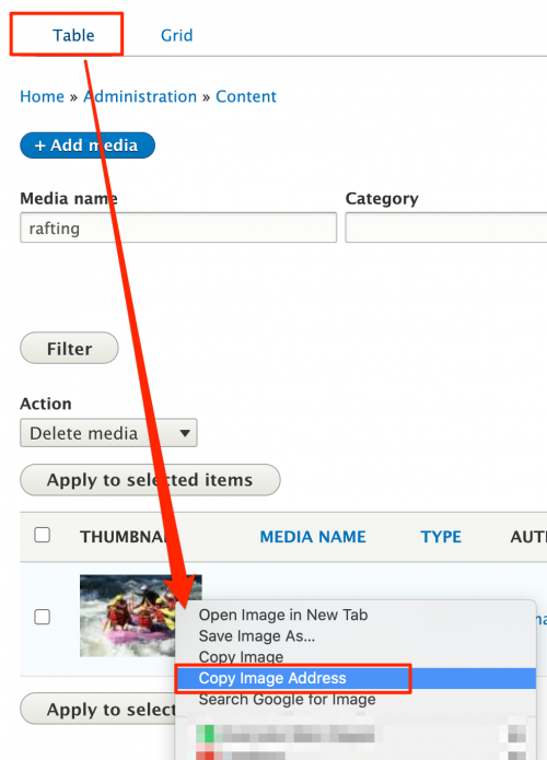 A screenshot of the Table view of the Media library with a selected image's right-clicked to display the Copy image address option highlighted.