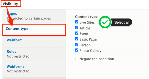 A screenshot of the page title content type visibility settings showing all types clicked to be included.