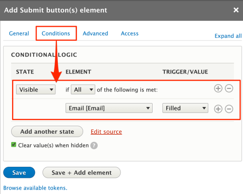 Screenshot of the conditional logic settings that will allow the Save as draft button to display.