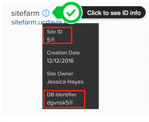The popup from a site factory site card's information icon that displays site ID, creation date, site owner, and database ID.