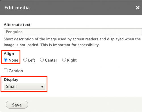 Specific settings for an image associated with the teaser link box, which should be alignment none and display small.