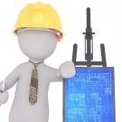 Illustration of a generic figure wearing a hard hat and leaning against an easel displaying architectural blueprints.