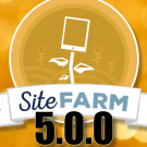 SiteFarm logo with the 5.0.0 version number below it. The background is an abstract golden bokeh style.