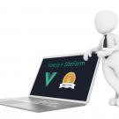 A 3D figure wearing a tie leans on a laptop whose screen displays the Vue.js and SiteFarm logos.