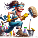 An AI generated image of a woman with a wide maniacal grin, bib-overalls, workboots and rubber gloves running forward while wielding a large broom.