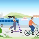 An illustrated image showing people riding bikes and scooters with a representation of Oakland in the background.